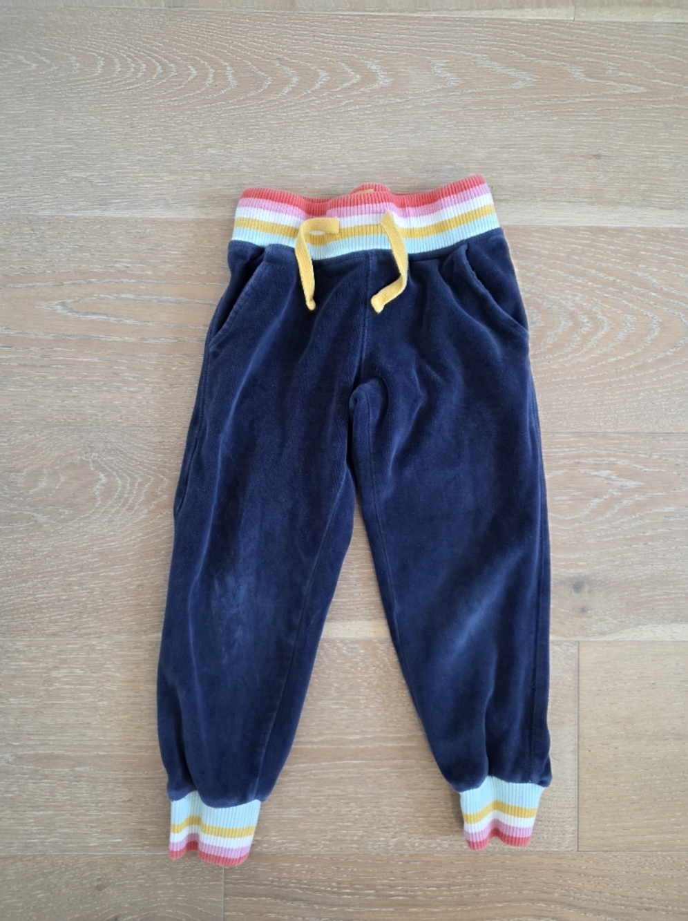 Boden Navy Velour Sweatpants with Rainbow Stripe Waistband